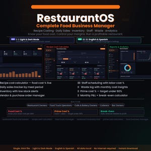 Könnte beinhalten: Werbebild für RestaurantOS, eine umfassende Software für das Gastronomiemanagement. Das Bild zeigt Funktionen wie Rezeptkosten, tägliche Umsatzverfolgung und Analysen. Die Benutzeroberfläche wird im Hell- und Dunkelmodus mit Optionen für Englisch und Spanisch angezeigt.