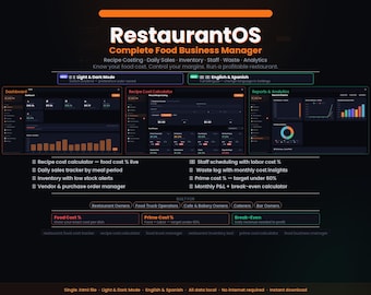 RestaurantOS Food Business Manager Software | Offline HTML Recipe Cost Calculator, Daily Sales, Inventory, Staff Schedule, Spanish Mode