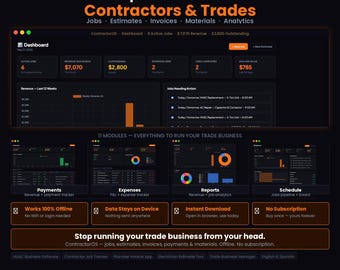 ContractorOS Contractor Business Software | Offline HTML Job Tracker, Estimates, Invoices, Materials, Payments, HVAC Plumber, Spanish Mode