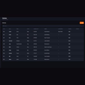 Puede incluir: Un panel de control de software con tema oscuro titulado MechanicOS que muestra una tabla de gesti&oacute;n de veh&iacute;culos. La interfaz cuenta con una barra de navegaci&oacute;n lateral izquierda y un &aacute;rea de contenido principal que enumera el a&ntilde;o, marca, modelo, color, matr&iacute;cula, propietario, fecha del &uacute;ltimo servicio y kilometraje.
