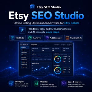 May include: A digital graphic for Etsy SEO Studio, an offline listing optimisation software. The image features a dark blue interface with data visualisations, including charts and graphs. Text includes "Plan titles, tags, audits, thumbnail tests, and AI prompts in one place."