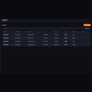 Puede incluir: Una interfaz de software con tema oscuro titulada MechanicOS que muestra un panel de facturas. La pantalla presenta un men&uacute; de navegaci&oacute;n lateral, una barra de b&uacute;squeda y una tabla que enumera n&uacute;meros de factura, clientes y estados.