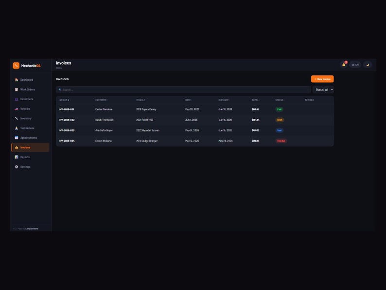 Puede incluir: Una interfaz de software con tema oscuro titulada MechanicOS que muestra un panel de facturas. La pantalla presenta un men&uacute; de navegaci&oacute;n lateral, una barra de b&uacute;squeda y una tabla que enumera n&uacute;meros de factura, clientes y estados.