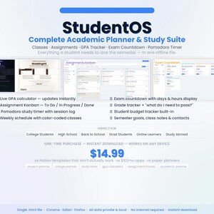May include: A digital academic planner and study suite called StudentOS. The software includes features like a GPA calculator, assignment tracker, and exam countdown. The interface is displayed on a white background with blue accents. The text reads "Complete Academic Planner & Study Suite."