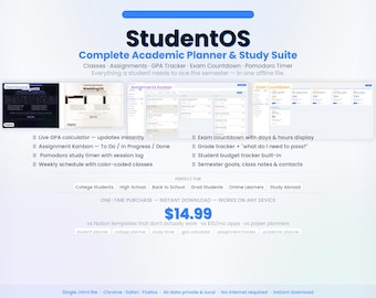 StudentOS Student Academic Planner Software | Offline HTML GPA Calculator, Assignment Tracker, Pomodoro Timer, Exam Countdown, Budget