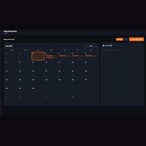 Puede incluir: Una interfaz de panel digital con tema oscuro titulada MechanicOS que muestra un calendario de citas para junio de 2028. El dise&ntilde;o presenta una barra lateral de navegaci&oacute;n, una cuadr&iacute;cula de calendario mensual central y un panel derecho.