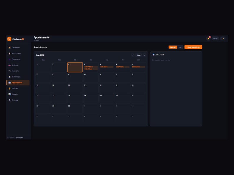 Puede incluir: Una interfaz de panel digital con tema oscuro titulada MechanicOS que muestra un calendario de citas para junio de 2028. El dise&ntilde;o presenta una barra lateral de navegaci&oacute;n, una cuadr&iacute;cula de calendario mensual central y un panel derecho.