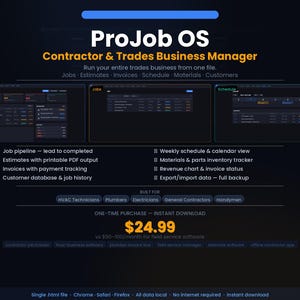 Puede incluir: Un gráfico azul oscuro que promociona ProJob OS, un gestor de negocios para contratistas y oficios. La imagen muestra capturas de pantalla del panel de control, los trabajos y las vistas de programación del software. El texto destaca las funciones.