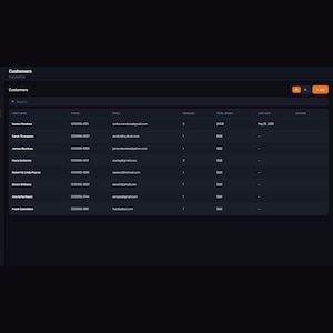Puede incluir: Una interfaz de panel de software con tema oscuro titulada MechanicOS que muestra una tabla de gesti&oacute;n de clientes. El dise&ntilde;o incluye una barra de navegaci&oacute;n lateral izquierda con iconos y un &aacute;rea de contenido principal que enumera nombres de clientes, n&uacute;meros de tel&eacute;fono, correos electr&oacute;nicos, recuentos de veh&iacute;culos, total gastado y fechas de &uacute;ltima visita.