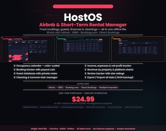 HostOS Airbnb Short Term Rental Manager Software | Offline HTML Booking Tracker, Guest CRM, Cleaning Log, Expenses, Revenue Calendar