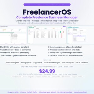 May include: A promotional image for FreelancerOS, a complete freelance business manager. The design features screenshots of the software's dashboard, invoices, and rates calculator. The text highlights features like client CRM, time tracking, and offline access. The price is $24.99.