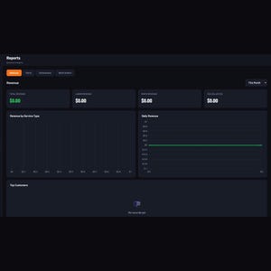 Puede incluir: Un panel de control de software con tema oscuro titulado MechanicOS que muestra una p&aacute;gina de informes. La interfaz presenta un men&uacute; de navegaci&oacute;n lateral, m&eacute;tricas de ingresos de $0.00 y gr&aacute;ficos vac&iacute;os para ingresos por servicio.