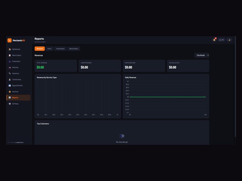 Puede incluir: Un panel de control de software con tema oscuro titulado MechanicOS que muestra una p&aacute;gina de informes. La interfaz presenta un men&uacute; de navegaci&oacute;n lateral, m&eacute;tricas de ingresos de $0.00 y gr&aacute;ficos vac&iacute;os para ingresos por servicio.
