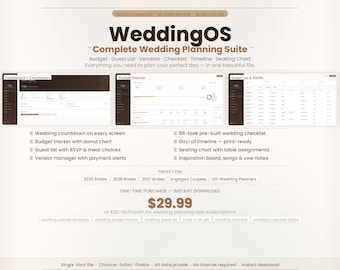 WeddingOS Complete Wedding Planner Software | Offline HTML Budget Tracker, Guest List, Vendor Manager, Seating Chart, Day Timeline