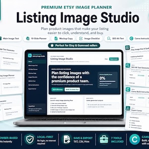 Könnte beinhalten: Ein Laptop zeigt die Benutzeroberfläche "Listing Image Studio", ein digitales Tool für Etsy-Verkäufer. Das Bild enthält Text wie "Sofortiger Download", "Premium Etsy Image Planner" und "SEO Alt Text". Zusätzliche Karten zeigen Funktionen wie einen 10-Folien-Planer.