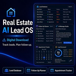 Sistema operativo de seguimiento de clientes potenciales con IA para el sector inmobiliario, descarga digital para agentes inmobiliarios, rastreador de clientes potenciales, planificador de seguimiento, rastreador de citas.