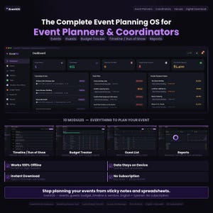 May include: A dark-themed digital event planning dashboard titled EventOS, featuring modules for events, guests, budget tracking, timelines, and reports. The interface displays task lists, vendor payment statuses, and revenue metrics with purple and white text.