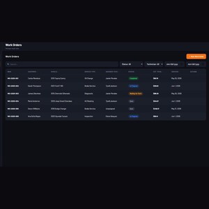 Puede incluir: Un panel de control de software con tema oscuro titulado MechanicOS que muestra una tabla de &oacute;rdenes de trabajo. La interfaz cuenta con una barra lateral con iconos de navegaci&oacute;n, una barra de b&uacute;squeda, men&uacute;s desplegables de filtro y una lista de registros de servicio de veh&iacute;culos con columnas para ID, cliente, veh&iacute;culo, tipo de servicio, t&eacute;cnico, estado, total y fecha.