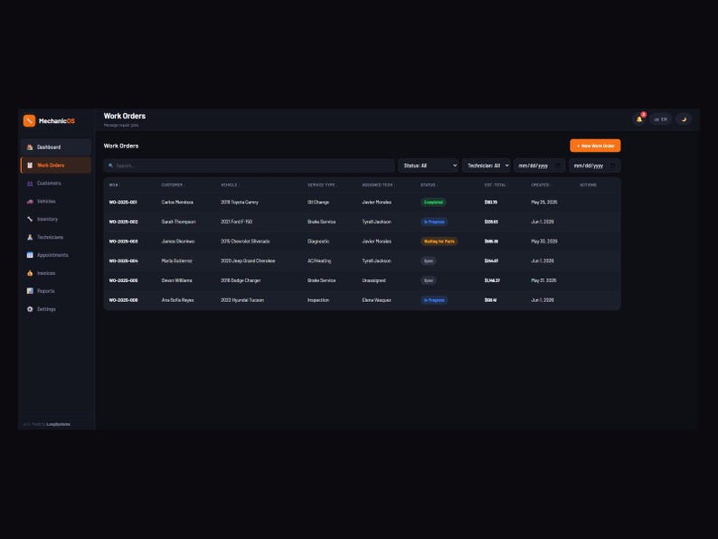 Puede incluir: Un panel de control de software con tema oscuro titulado MechanicOS que muestra una tabla de &oacute;rdenes de trabajo. La interfaz cuenta con una barra lateral con iconos de navegaci&oacute;n, una barra de b&uacute;squeda, men&uacute;s desplegables de filtro y una lista de registros de servicio de veh&iacute;culos con columnas para ID, cliente, veh&iacute;culo, tipo de servicio, t&eacute;cnico, estado, total y fecha.