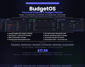 BudgetOS Personal Finance Budget Planner Software | Offline HTML Debt Payoff, Savings Goals, Net Worth Tracker, Bills, Monthly Budget