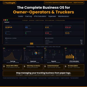May include: A dark-themed digital dashboard for owner-operators and truckers, displaying financial data, including revenue, miles, and expenses. The interface includes modules for fuel logs, IFTA calculations, and expense tracking. Text on the dashboard reads "Truckingos".