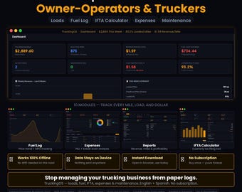 TruckingOS Owner Operator Trucking Software | Offline HTML Load Tracker, IFTA Calculator, Fuel Log, Cost Per Mile, Expenses, Spanish Mode