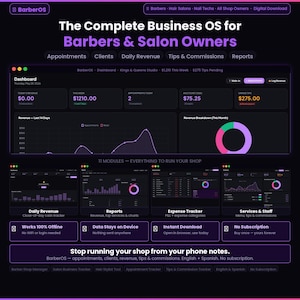 May include: A dark purple and black graphic displaying the BarberOS business OS for barbers and salon owners. The dashboard shows financial data, appointments, and revenue. The image includes text such as "Appointments", "Clients", and "Daily Revenue".