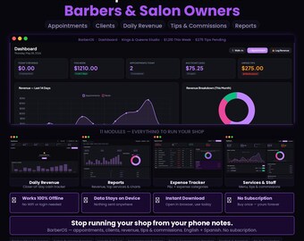 BarberOS Barber Shop Salon Manager Software | Offline HTML Appointments, Clients, Tips, Commissions, Daily Revenue, Retail, Spanish Mode
