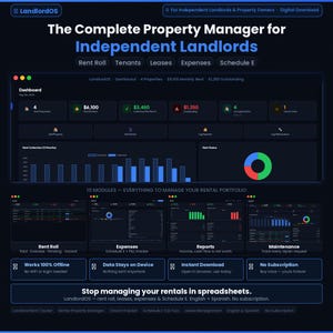 Puede incluir: Interfaz digital azul oscuro para la gestión de propiedades, con visualizaciones de datos y resúmenes financieros. El panel muestra métricas clave como la nómina de alquileres, los gastos y los informes. El texto incluye "The Complete Property Manager for Independent Landlords" y "LandlordOS".