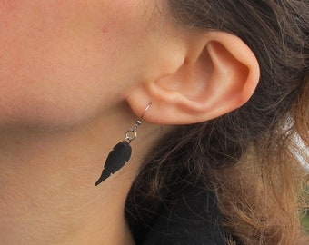 Small Black Feather Earrings, Bike Tire Earrings, Rose Pedals Jewelry, Bicycle Innertube Jewelry, Ships from Canada