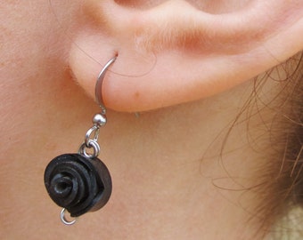 Black Rosebud Earrings, Recycled Innertube Earrings, Bike Tube Jewelry, Flower Earrings, Rose Pedals Jewelry, Ships from Canada,