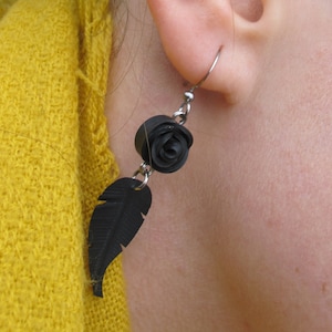 Black Rose Earrings, Feather Earrings, Flower Earrings, Bike Tire Earrings, Recycled Jewelry, Rose Pedals Jewelry, Innertube Earrings image 1