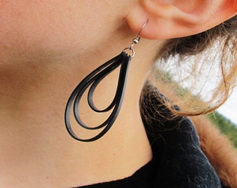 Black Loop Earrings, Bike Tire Earrings, Innertube Earrings, Recycled Jewelry, Hoop Earrings, Rose Pedals Jewelry, Ships From Canada