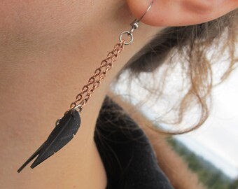 Copper Chain Feather Earrings, Bike Tire Jewelry, Recycled Jewelry, Bicycle Innertube Earrings, Rose Pedals Jewelry, Ships From Canada