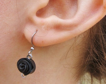Black Rose Earrings, Flower Earrings, Bike Tire Earrings, Innertube Earrings, Bike Tube Jewelry, Rose Pedals Jewelry, Ships From Canada