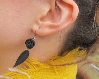 Black Rose and Feather Earrings, Flower and Leaf Earrings, Bike Tube Jewelry, Bicycle Tire Earrings, Rose Pedals Jewelry, Made in Canada