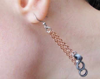 Mixed Metal Jewelry, Bike Chain Earrings, Copper Dangle Earrings, Recycled Jewelry, Rose Pedals Jewelry, Made in Canada