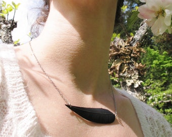 Black Feather Necklace, Bike Tube Necklace, Horizontal Feather Necklace, Bike Tire Jewelry, Rose Pedals Jewelry, Ships From Canada