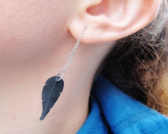 Feather Threaders, Black Feather Earrings, Stainless Steel Threaders, Bike Tire Jewelry, Ships from Canada, Rose Pedals Jewelry