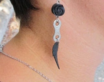 Bike Chain Rose Feather Earrings, Recycled Jewelry, Black Feather Earrings, Innertube Earrings, Bike Chain Earrings, Rose Pedals