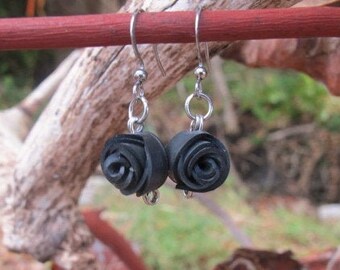 Black Rose Earrings, Bike Tube Flower Earrings, Recycled Bike Tire Jewelry, Rose Pedals, Flower Jewelry, Ships from Canada