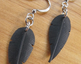 Small Black Feather Earrings, Innertube Earrings, Bicycle Tire Earrings, Bike Tube Jewelry, Recycled and Upcycled, Rose Pedals Jewelry