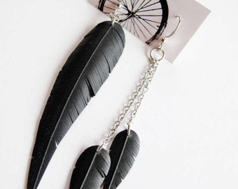 Bicycle Innertube Feather Earrings, Mismatching Earrings, Asymmetric Earrings, Bike Tire Earrings, Bike Tube Earrings