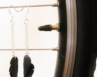 Black Feather Dangle Earrings, Chain Earrings, Bike Tire Earrings, Bike Tube Earrings, Recycled Jewelry, Rose Pedals Jewelry, Made in Canada