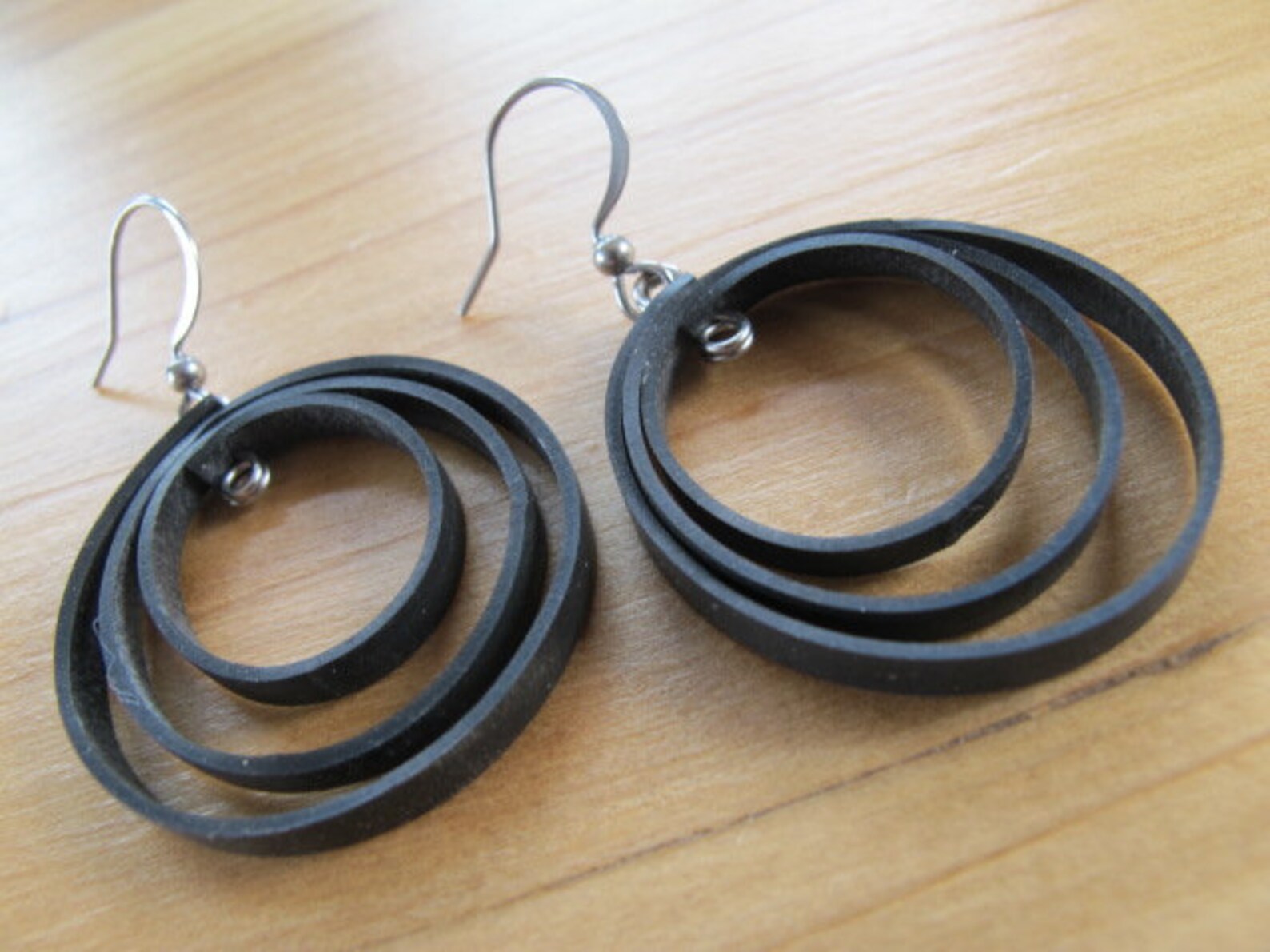 Bike Tube Loop Earrings, Bike Tire Earrings, Rose Pedals Jewelry, Black