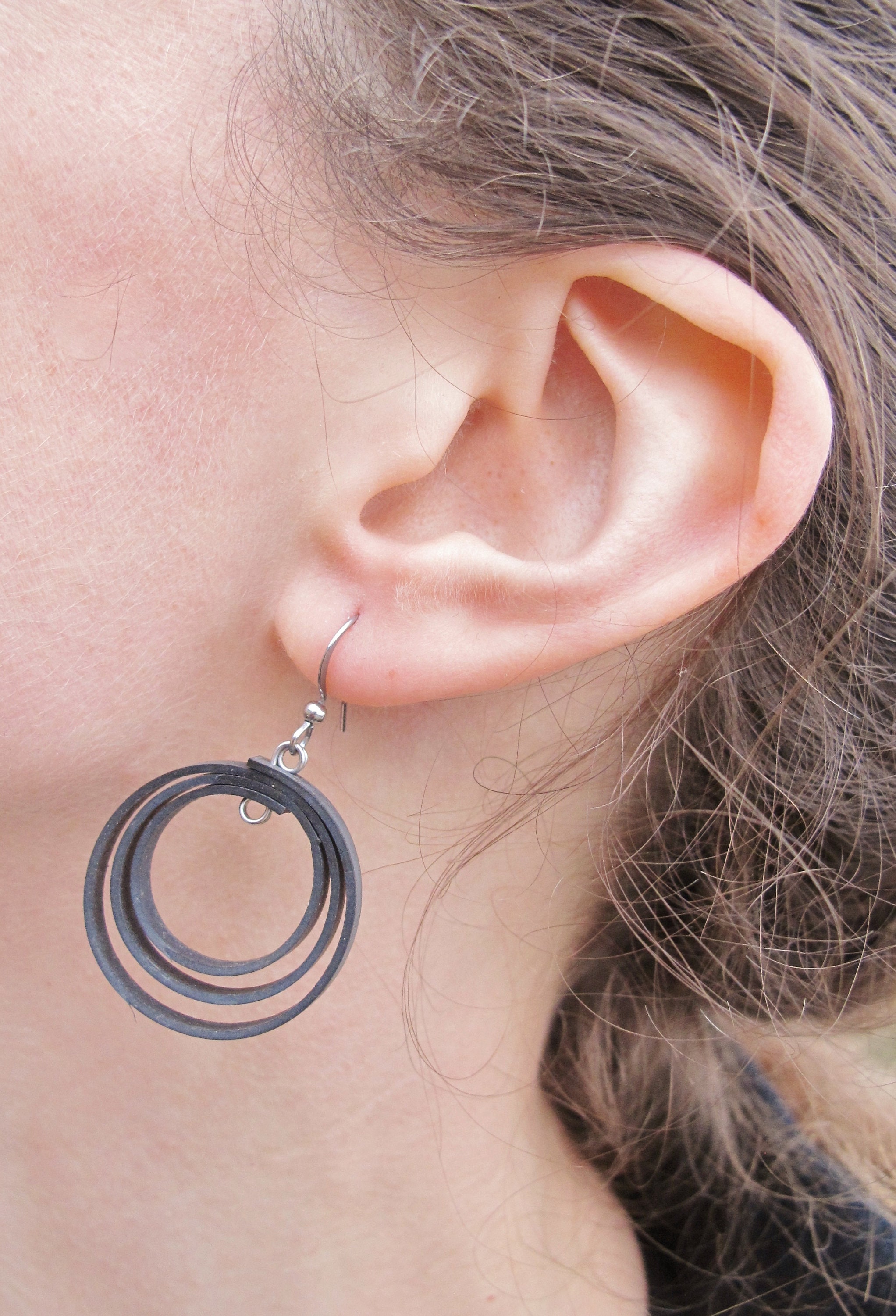 Bike Tube Loop Earrings, Bike Tire Earrings, Rose Pedals Jewelry, Black