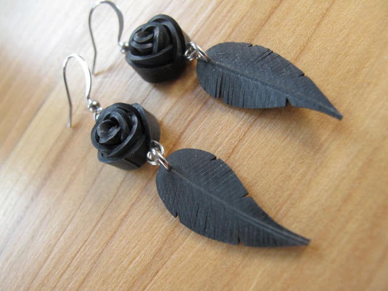 Black Rose Earrings, Feather Earrings, Flower Earrings, Bike Tire Earrings, Recycled Jewelry, Rose Pedals Jewelry, Innertube Earrings image 3