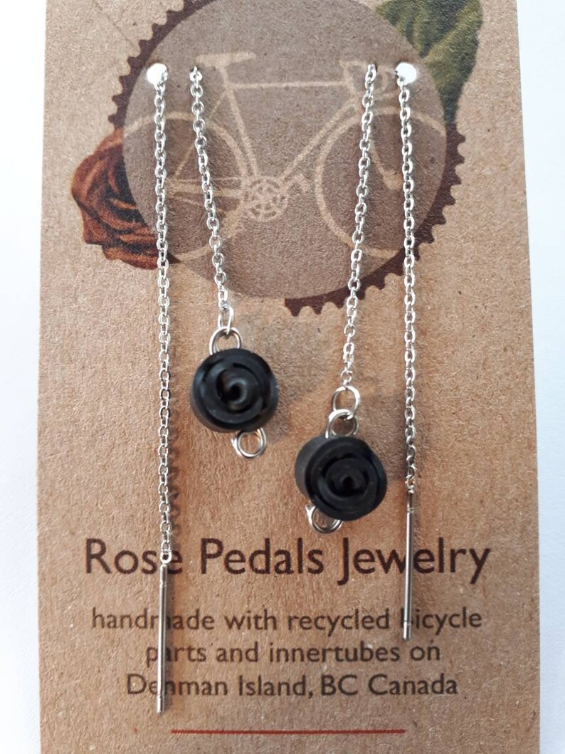 Rose Threader Earrings, Stainless Steel Threader, Black Flower Jewelry, Bike Tube Jewelry, Ships from Canada, Rose Pedals Jewelry image 3