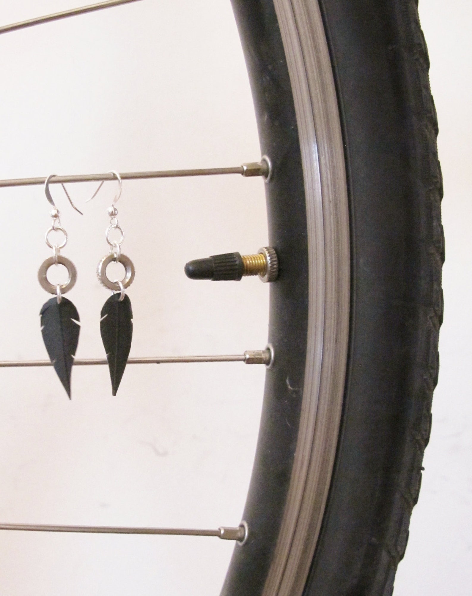 Black Feather Earrings Bike Tire Jewelry Bike Tube Earrings Etsy