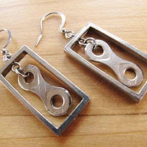 Bike Chain Rectangle Earrings, Biker Earrings, Recycled Bicycle Jewelry, Rose Pedals Jewelry, Ships from Canada, Bike Chain Jewelry, image 2